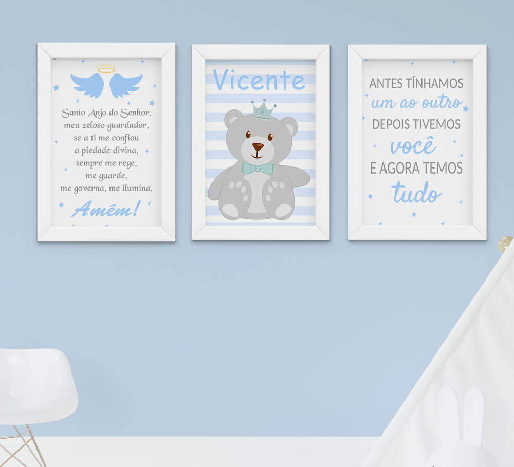 Adjunto archivo Llevar cirujano Quadro Bebê Infantil Menino Ursinho Nome Frase 3 Peças