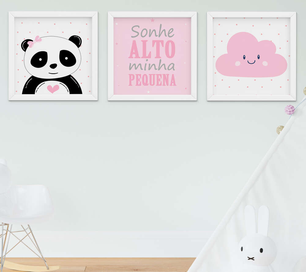 Quadro Bebe Menina Panda Elefante Nuvem Kit 3 Pecas