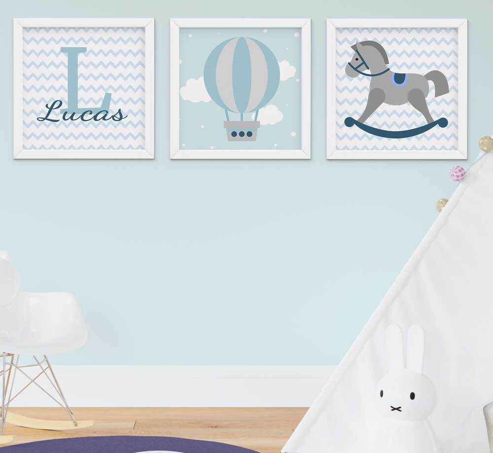 Quadro Bebe Menino Cavalinho Balao Nome Personalizado Kit 3 Pecas