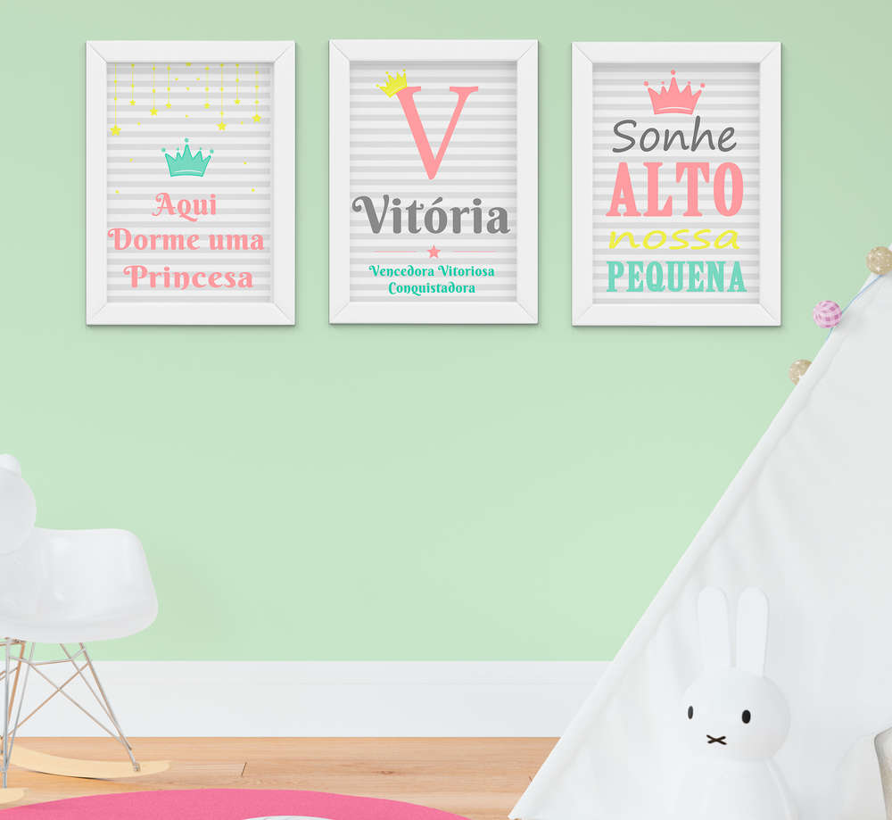 Quadro Infantil Quarto Bebe Menina Nome Frase Sonhe Alto 3 Pecas