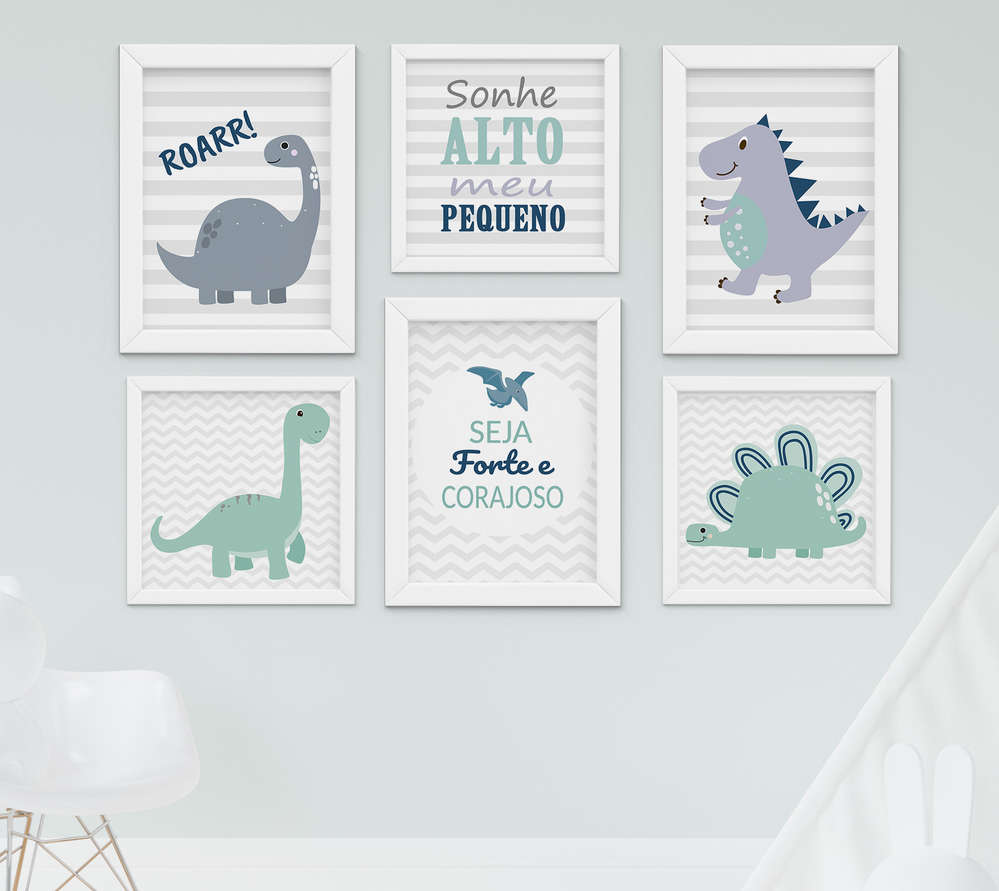 Quadro Infantil Quarto Bebe Menino Dinossauro Kit 6 Pecas Quadros decorativos de quarto de bebê com moldura de madeira ou somente poster, são ótimas opções para decorar ou dar de presente. brl