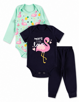 Kit 3 Peças Roupa De Bebe Menina Body E Calça Mijão Algodão Flamingo
