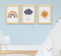 Kit Quadro Infantil Bebê Menino Sol Nuvem Arco-íris Boho 3 Peças