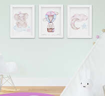 Quadro Bebê Infantil Menina Elefante Nuvem Balão Aquarela Kit 3 Peças