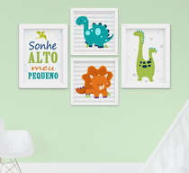 Quadro Bebê Infantil Menino Dinossauro Sonhe Alto Kit 4 Peças