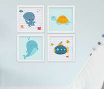 Quadro Bebê Infantil Menino Fundo do Mar Kit 4 Peças