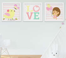 Quadro Decorativo Infantil Bebê Menina Passarinho Kit 3 Peças