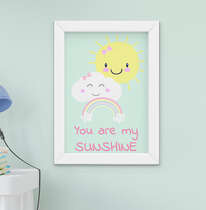 Quadro Infantil Frase You Are My Sunshine  Menina Nuvem Arco-Íris Sol 