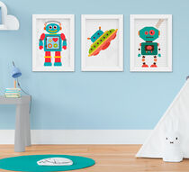 Quadro Decorativo Infantil Bebê Menino Robô e Nave Kit 3 Peças