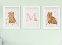 Quadro Decorativo Infantil Capivara Bebê Menina Nome 3 Peças