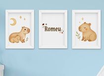 Quadro Decorativo Infantil Capivara Menino Nome Kit 3 Peças