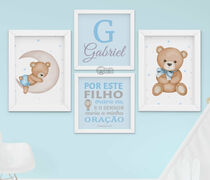 Quadro Decorativo Infantil Menino Ursinho Nome Personalizado Azul Bebê