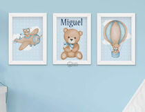 Quadro Decorativo Infantil Menino Urso Aviador Azul Bebê Kit 3 Peças