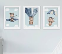 Quadro Decorativo Infantil Menino Urso Aviador Kit 3 Peças