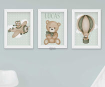 Quadro Decorativo Infantil Menino Urso Aviador Verde