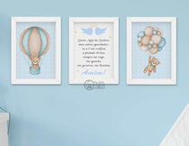 Quadro Decorativo Infantil Ursinho Balão Oração Santo Anjo