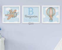Quadro Decorativo Menino Urso Avião Balão Nome Personalizado