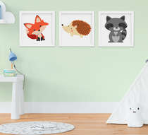 Quadro Infantil Quarto Bebê Animais Raposa Porco Espinho Guaxinim Kit 3 Peças