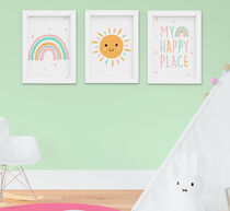 Quadro Infantil Bebê Menina Arco-íris Sol Nuvem Boho 3 Peças