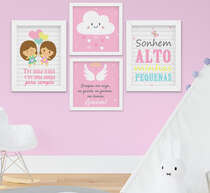 Quadro Infantil Bebê Menina Irmãs Nuvem Santo Anjo Kit 4 Peças