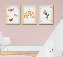 Quadro Infantil Bebê Menina Jardim Boho Borboletas Flores 3 Peças