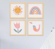 Quadro Infantil Bebê Menina Jardim Sol Passarinho Arco-íris Kit 4 Peças 