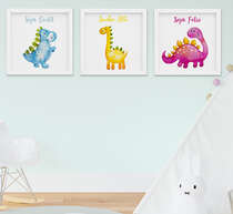 Quadro Infantil Bebê Menina Menino Aquarela Dinossauro Kit 3 Peças