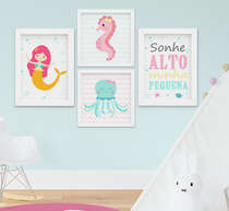 Quadro Infantil Bebê Menina Sereia Fundo do Mar Kit 4 Peças