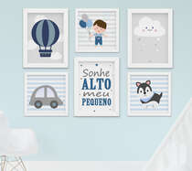 Quadro Infantil Bebê Menino Balão Nuvem Carrinho Kit 6 Peças