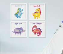 Quadro Infantil Bebê Menino Dinossauro Aquarela Kit 4 Peças