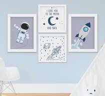 Quadro Infantil Bebê Menino Espaço Astronauta Foguete Kit 4 Peças