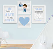 Quadro Infantil Bebê Menino Santo Anjo Sonhe Alto Kit 4 Peças