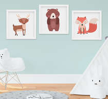 Quadro Infantil Quarto Bebê Bichos da Floresta Raposa Urso Cervo Kit 3 Peças