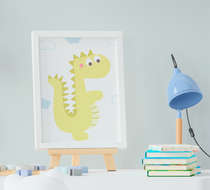 Quadro Infantil Bebê Menino Dinossauro Amarelo 