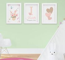 Quadro Infantil Menina Aquarela Jardim Flores Coração Nome Kit 3 Peças