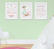 Quadro Infantil Menina Aquarela Jardim Flores Kit 3 Peças