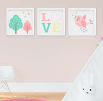 Quadro Decorativo Infantil Bebê Menina Arvore e Passarinho Kit 3 Peças