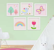 Quadro Infantil Menina Jardim Flores Passarinho Arco-íris Kit 5 Peças 