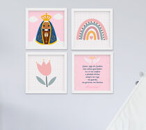 Quadro Infantil Menina Nossa Senhora Aparecida Arco-íris Kit 4 Peças 