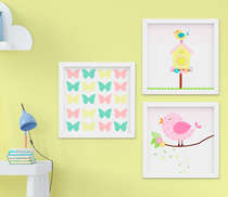 Quadro Decorativo Infantil Bebê Menina Passarinho e Borboletas Kit 3 Peças