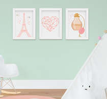 Quadro Infantil Quarto Bebê Menina Torre Eiffel Kit 3 Peças