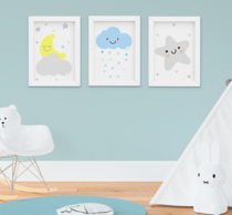 Quadro Infantil Quarto Bebê Menino Chuva de Amor Kit 3 Peças