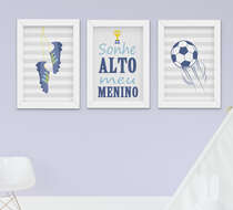 Quadro Infantil Menino Futebol Bola Sonhe Alto 3 Peças