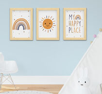 Quadro Infantil Menino My Happy Place Sol Arco-íris Boho 3 Peças