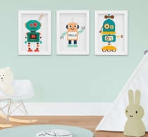 Quadro Decorativo Infantil Bebê Menino Robozinhos Kit 3 Peças