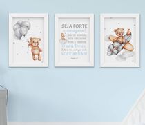 Quadro Infantil Menino Ursinho Aviador Aquarela Seja Forte e Corajoso