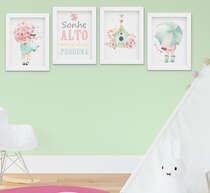 Quadro Infantil Quarto Bebê Menina Jardim Flores Aquarela Kit 4 Peças