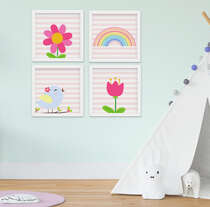 Quadro Infantil Quarto Bebê Menina Passarinho Jardim Flores Kit 4 Peças 