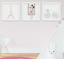 Quadro Infantil Quarto Bebê Menina Torre Eiffel Paris Kit 3 Peças