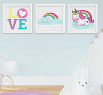 Quadro Infantil Quarto Bebê Menina Unicórnio Nuvem Arco-íris Kit 3 Peças